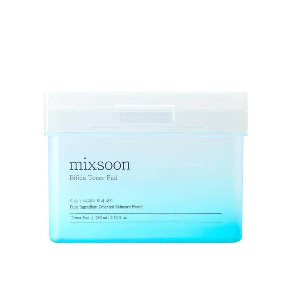 Prozorna posoda z modro in belo gradiento, ki vsebuje Bifida tonik blazinice. Posoda je označena z "mixsoon Bifida Toner Pad" in vsebuje 280 ml (9,46 fl. oz.) tonik blazinic, namenjenih za nego kože in vlažilni učinek.