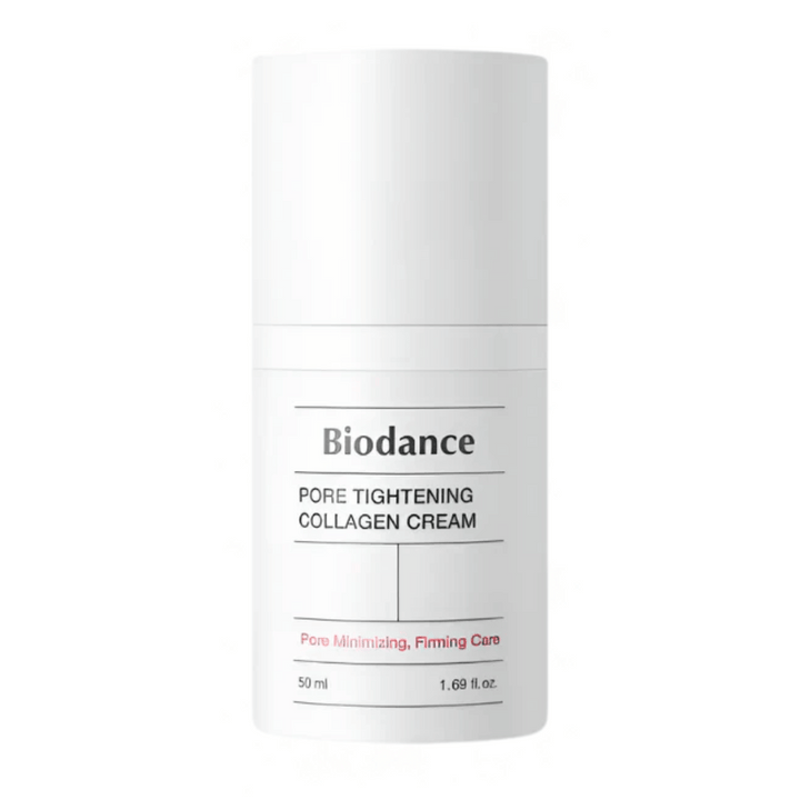 Biodance Pore Tightening Collagen Cream v enostavni beli embalaži z minimalističnim dizajnom, 50 ml.