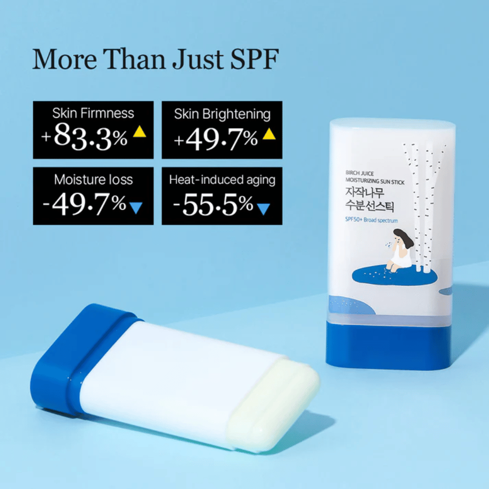 ROUND LAB Birch Juice Sun Stick s SPF50+ je prikazan z rezultati izboljšane elastičnosti kože in zmanjšane izgube vlage