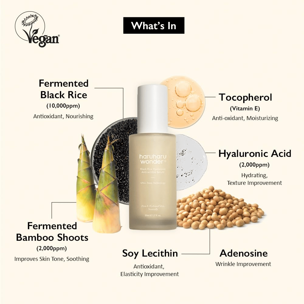 Haruharu Wonder Black Rice Hyaluronic Anti-Wrinkle Serum s fermentiranim črnim rižem, hialuronsko kislino in vitaminom E