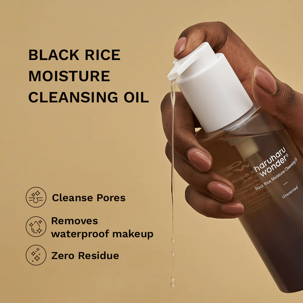 Haruharu Wonder Black Rice Moisture Cleansing Oil iztisne čistilno olje – učinkovito proti vodoodpornemu ličenju, očisti pore in ne pušča ostankov.