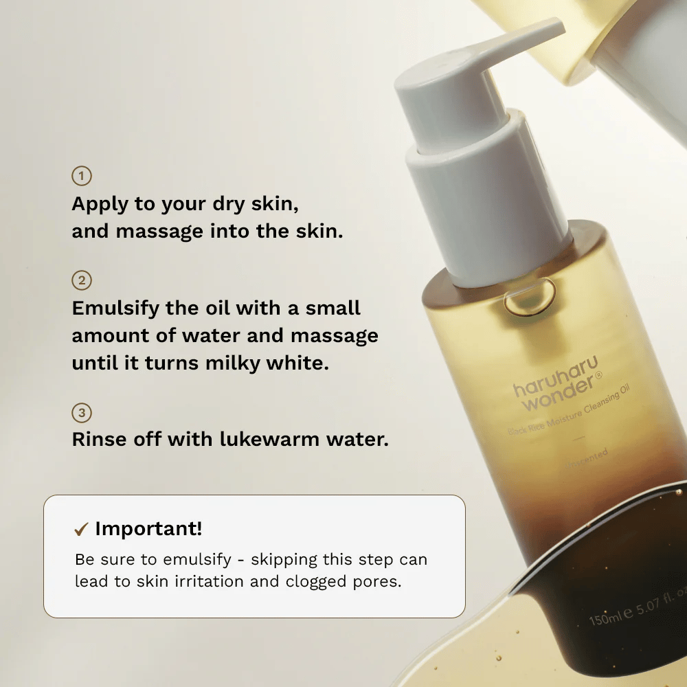 Haruharu Wonder Black Rice Moisture Cleansing Oil navodila za uporabo – olje za čiščenje, ki se masira na suho kožo, emulgira z vodo in izpere za učinkovito odstranjevanje ličil.