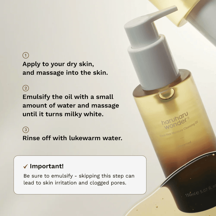 Haruharu Wonder Black Rice Moisture Cleansing Oil navodila za uporabo – olje za čiščenje, ki se masira na suho kožo, emulgira z vodo in izpere za učinkovito odstranjevanje ličil.