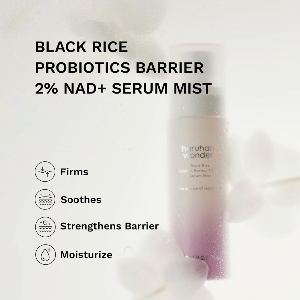 Haruharu Wonder Black Rice Probiotics Barrier 2% NAD+ Serum Mist – pomirjujoča in krepilna meglica za obraz za kožno bariero