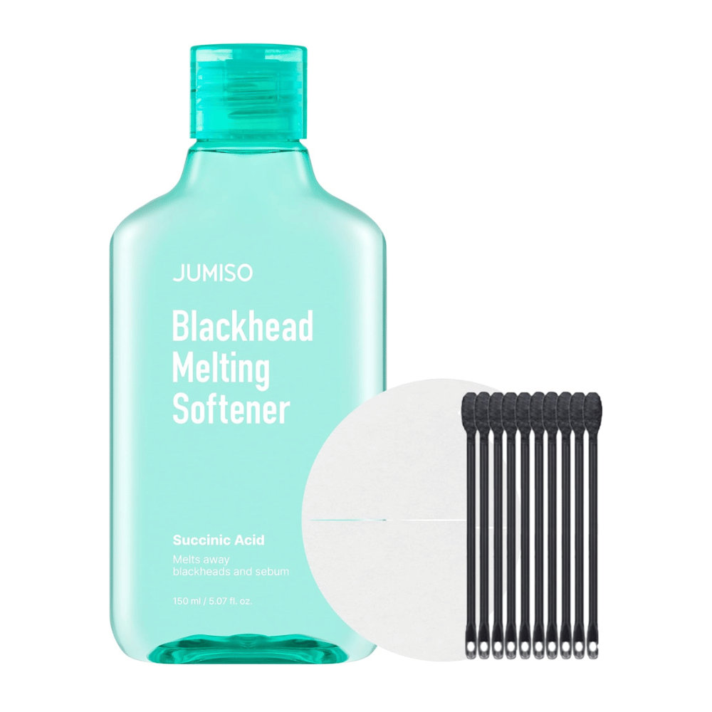 Slika izdelka JUMISO Blackhead Melting Softener Special Set. Vsebuje steklenico, blazinice in palčke za učinkovito zdravljenje ogrcev.