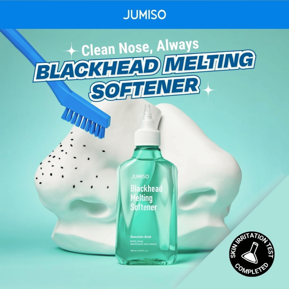 JUMISO Blackhead Melting Softener s čopičem proti beli modelu nosu. Besedilo: ”Clean Nose, Always”. Klinično testirano za draženje kože.