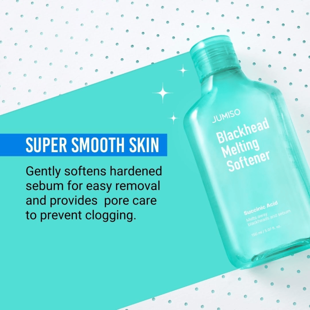 JUMISO Blackhead Melting Softener prikazan na turkiznem ozadju. Besedilo poudarja, da izdelek mehča sebum in preprečuje zamašene pore.