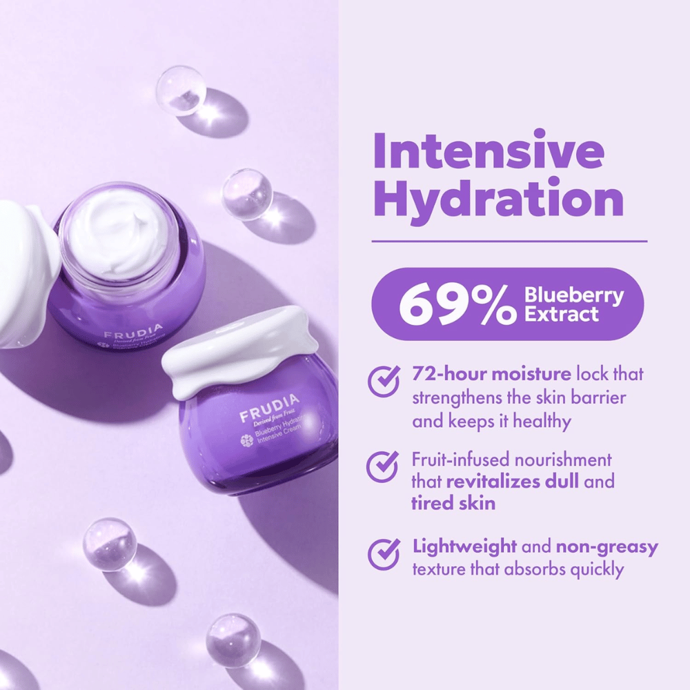 FRUDIA Blueberry Hydrating Intensive Cream z intenzivnim vlaženjem, 69 % izvlečka borovnic in kremasto konsistenco za suho in vlažno pomanjkljivo kožo