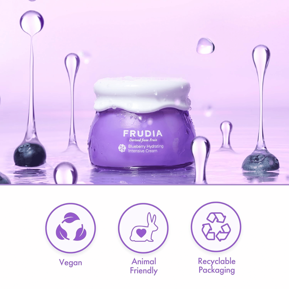 FRUDIA Blueberry Hydrating Intensive Cream v vodnem okolju z vegansko formulo, cruelty-free lastnosti in reciklabilna embalaža