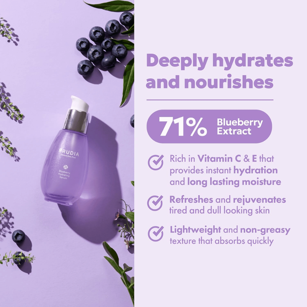 FRUDIA Blueberry Hydrating Serum s 71 % izvlečka borovnic, ki zagotavlja intenzivno vlaženje, dolgotrajno vlago, lahko konsistenco in svež sijaj suhi koži.