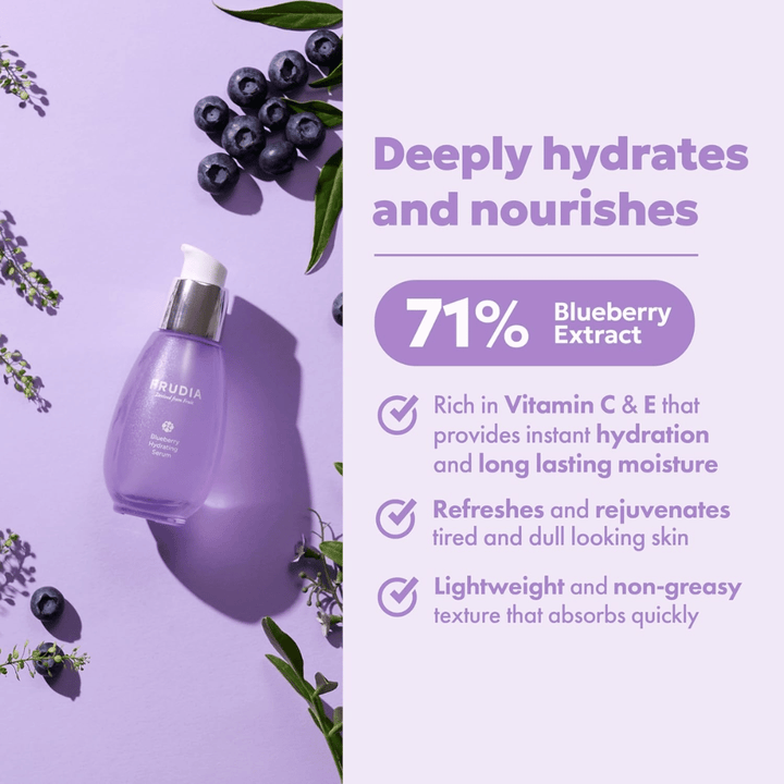 FRUDIA Blueberry Hydrating Serum s 71 % izvlečka borovnic, ki zagotavlja intenzivno vlaženje, dolgotrajno vlago, lahko konsistenco in svež sijaj suhi koži.