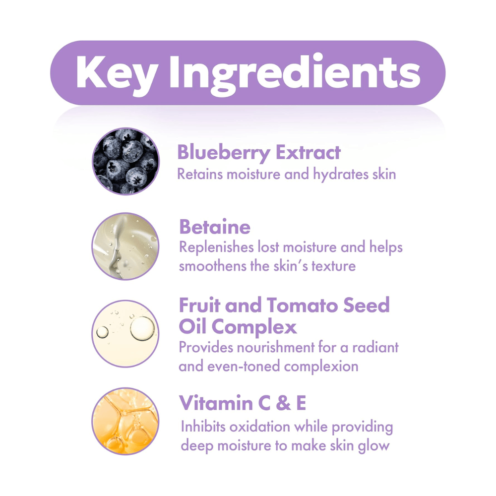 Ključne sestavine v FRUDIA Blueberry Hydrating Serum z izvlečkom borovnic, betainom, kompleksom olj iz semen ter vitaminom C in E za vlaženo in sijočo kožo.
