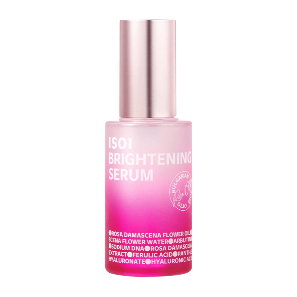 ISOI Brightening Serum 35 ml, serum za obraz za sijaj z Rose PDRN in arbutinom v rožnati steklenički s kovinsko rožnatim pokrovčkom na belem ozadju.