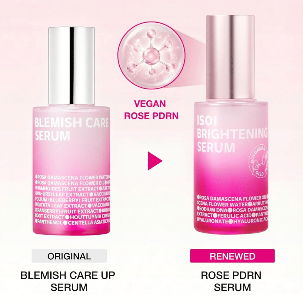 ISOI Brightening Serum z veganskim Rose PDRN. Primerjava med izvirnikom Blemish Care Up Serum in posodobljeno rožnato stekleničko seruma.