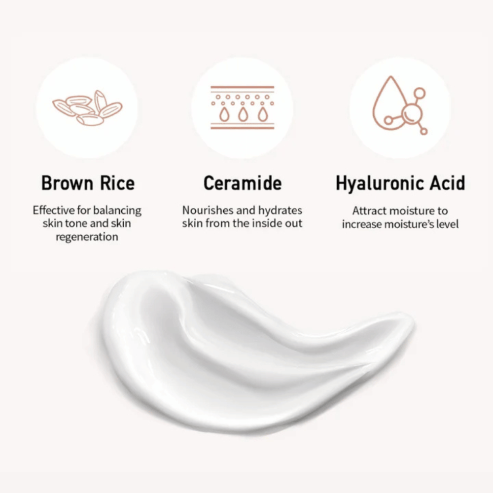 Povečava formule sončne kreme skupaj z ilustracijami in razlagami treh ključnih sestavin: rjavi riž za enakomeren ten kože, ceramidi za hranjenje in hialuronska kislina za vlaženje.