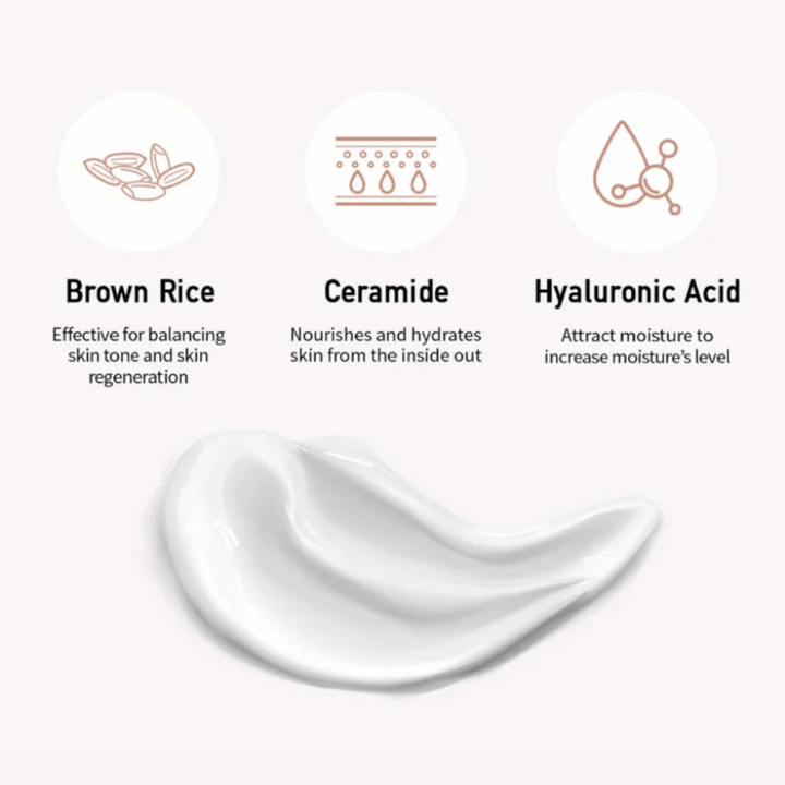 Povečava formule sončne kreme skupaj z ilustracijami in razlagami treh ključnih sestavin: rjavi riž za enakomeren ten kože, ceramidi za hranjenje in hialuronska kislina za vlaženje.