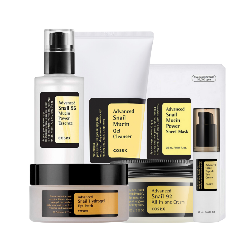 Zbirka lepotnih izdelkov COSRX s temo polžje sluzi, vključno z esenco, čistilnim gelom, masko za obraz, obliži za oči in kremo.
