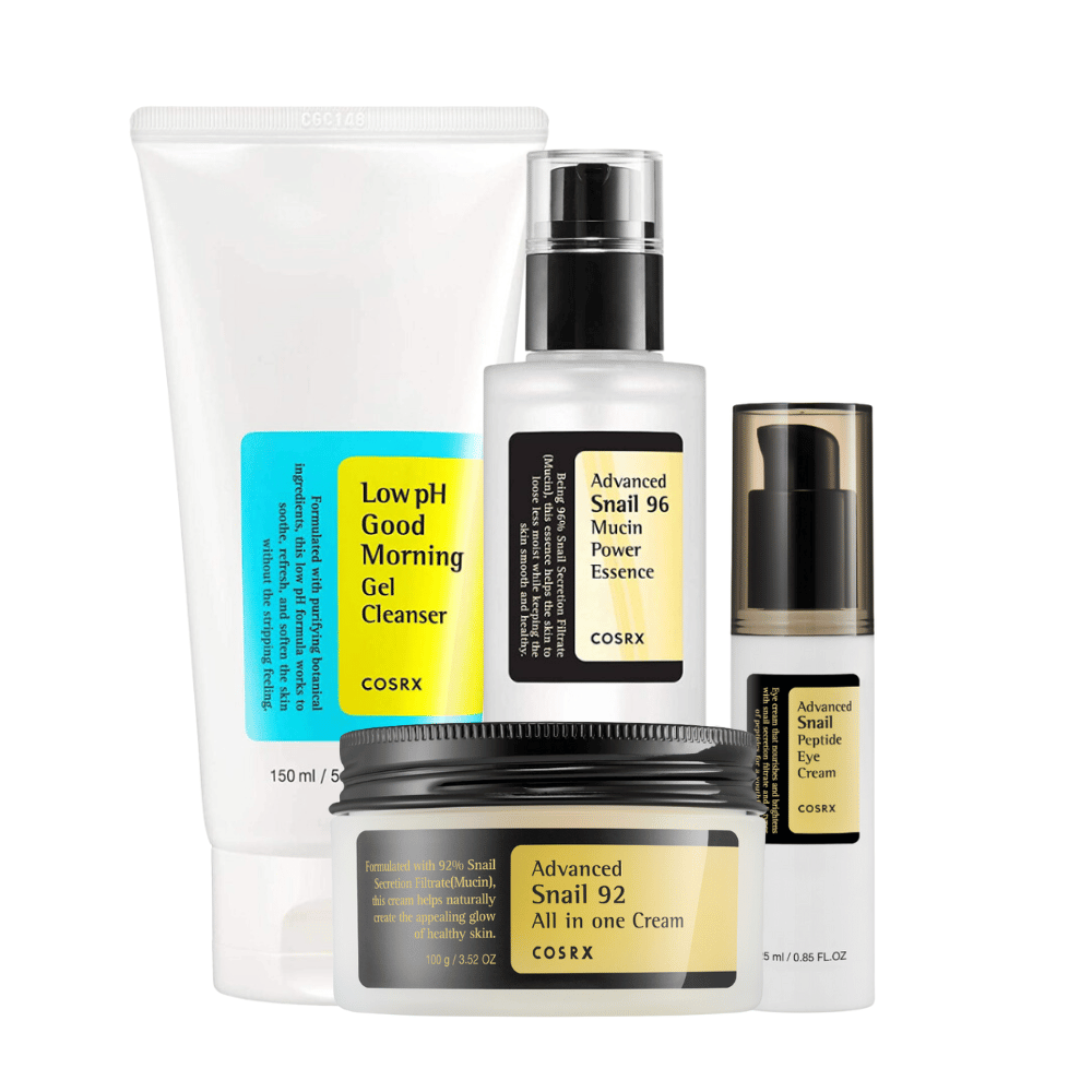 Kolekcija korejskih lepotnih izdelkov z začetnim kompletom COSRX iz COSRX z nizkimi pH formulami, razstavljena na beli podlagi.