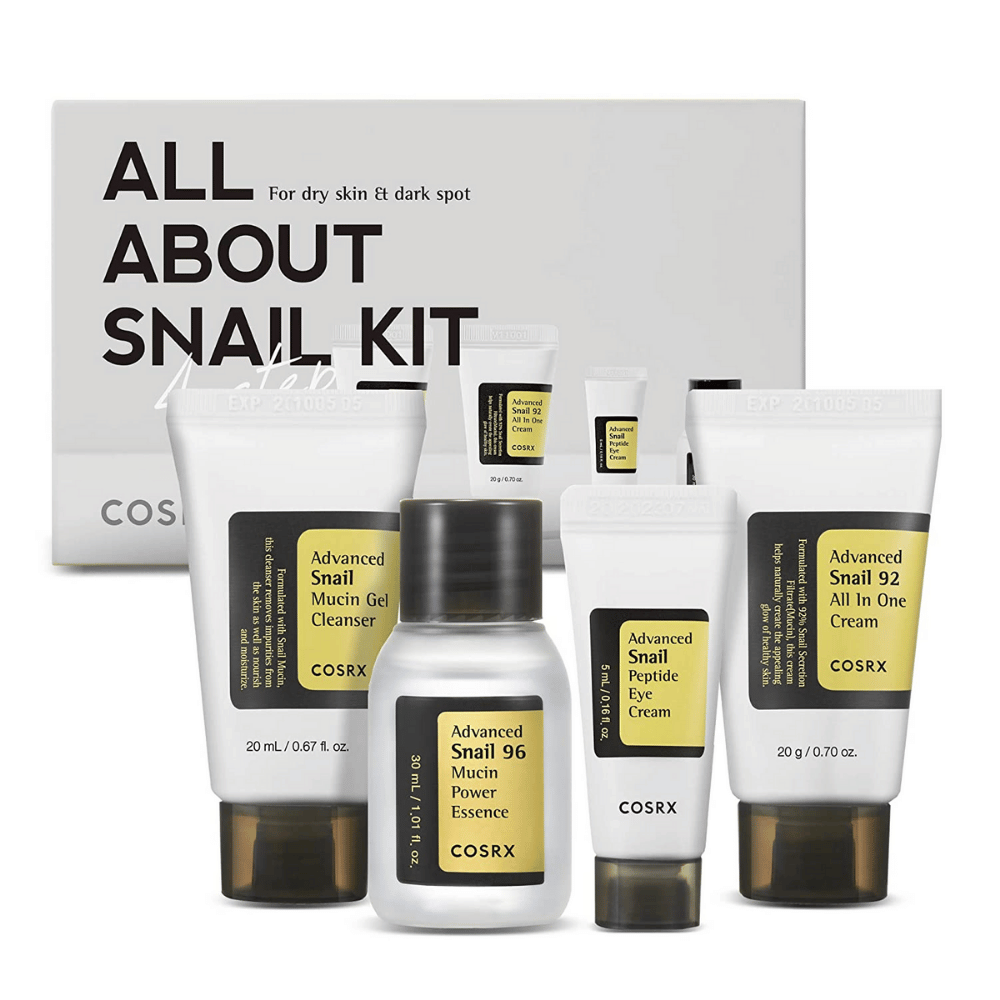 COSRX All About Snail Kit – korejski komplet za nego kože s Snail Mucin Cleanser, Essence, Eye Cream in All In One Cream za vlaženje in obnovo.