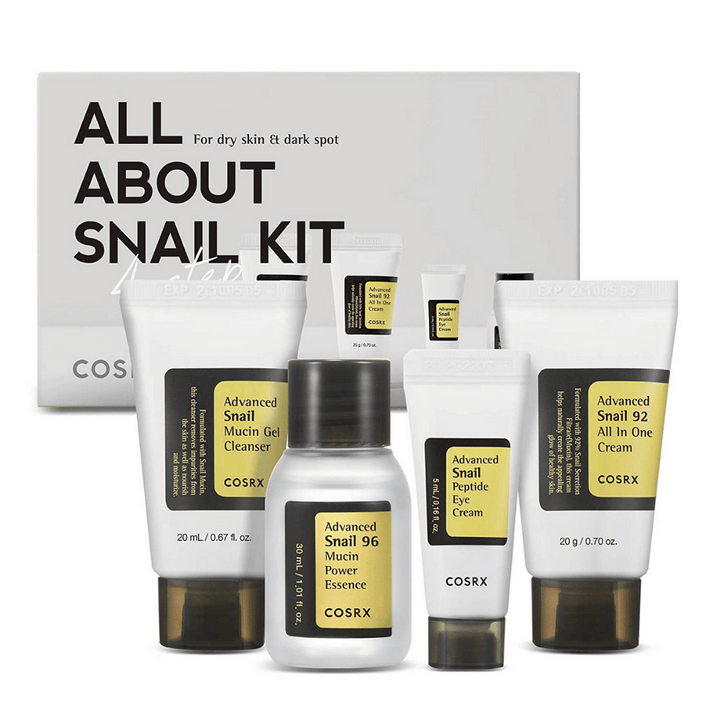 COSRX All About Snail Kit – korejski komplet za nego kože s Snail Mucin Cleanser, Essence, Eye Cream in All In One Cream za vlaženje in obnovo.