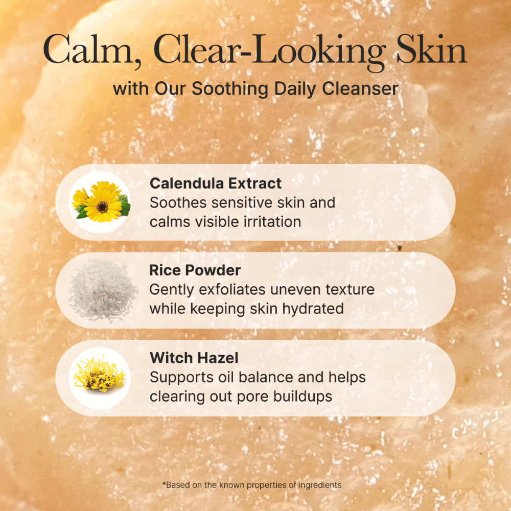 Arencia Calendula Rice Mochi Cleanser z sestavinami, kot so ognjič, rižev prah in nepozebnik – pomirja, pilingira in uravnava kožo.