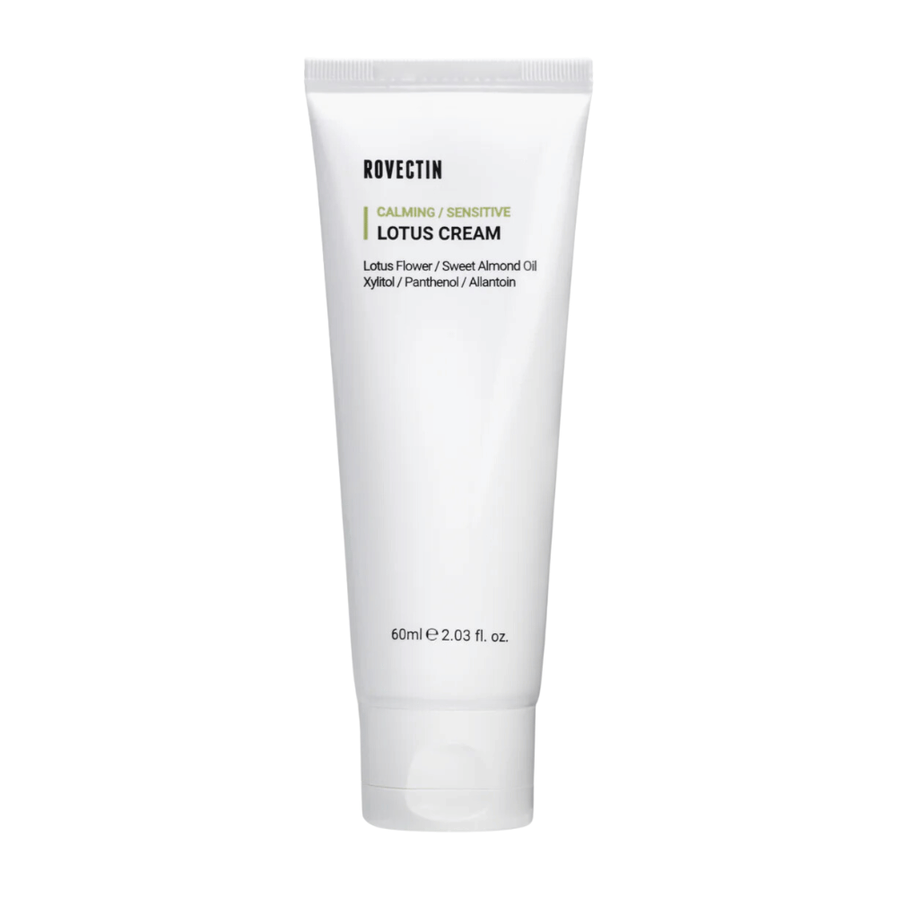 Tuba z Rovectin Calming Sensitive Lotus Cream, pomirjujoča krema za občutljivo kožo.