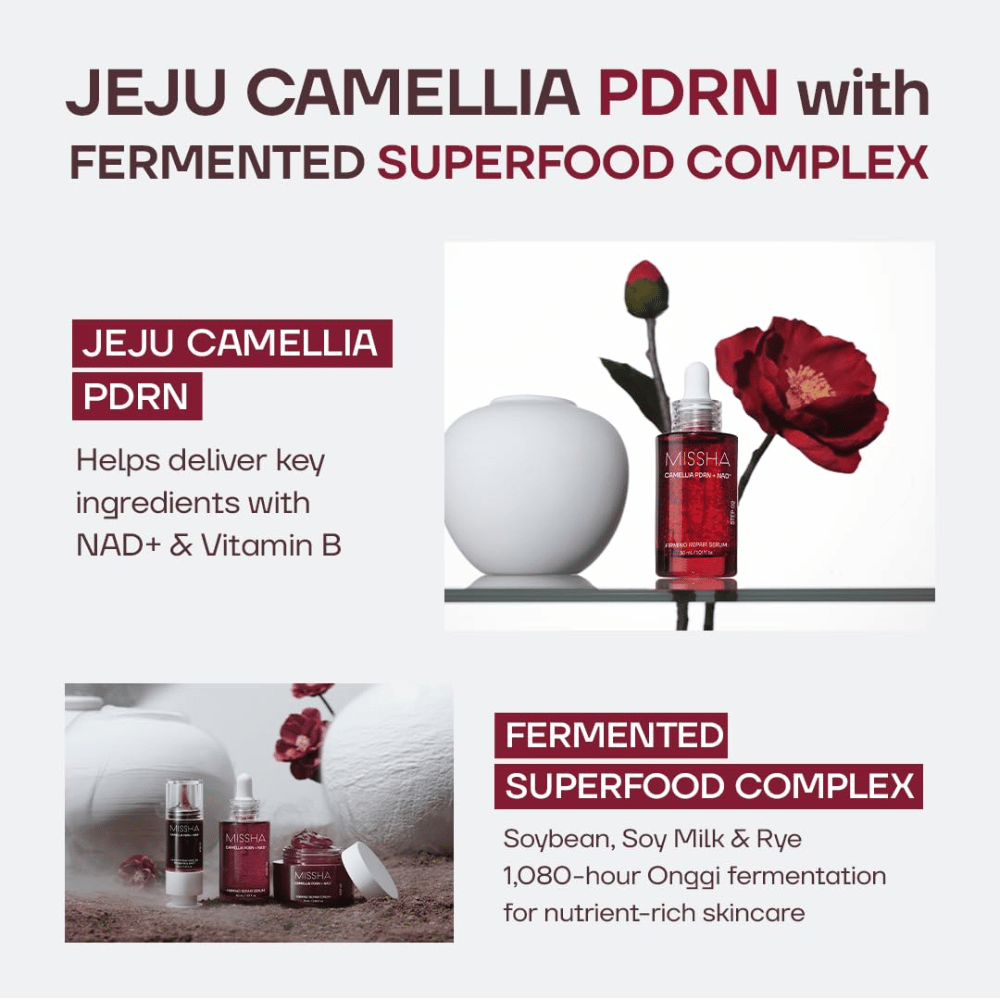 2. MISSHA Camellia PDRN NAD+ Firming Repair Serum – serum s kamelijo z otoka Jeju in fermentiranimi sestavinami, kot sta soja in rž