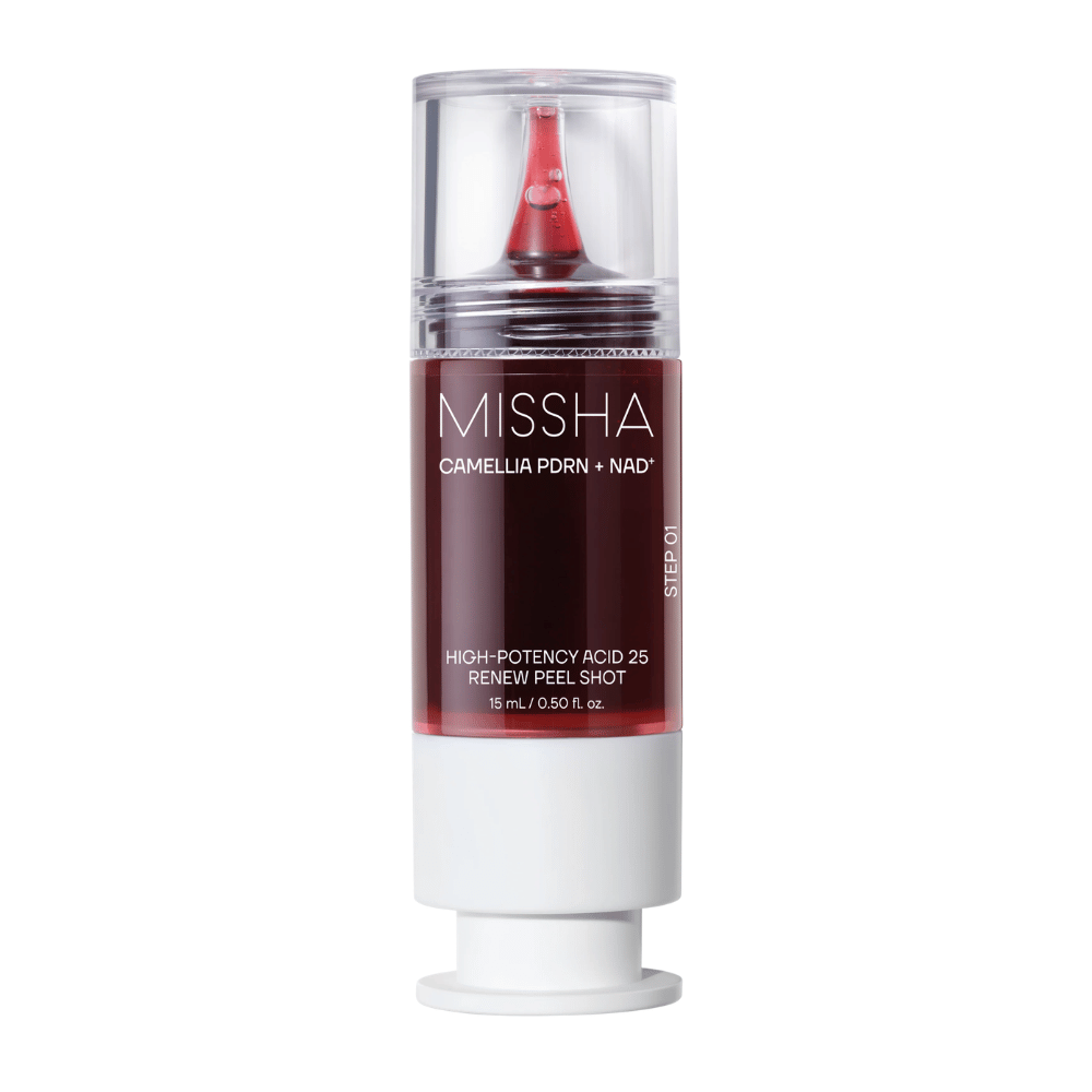 6. MISSHA Camellia PDRN NAD+ High-Potency Acid 25 Renew Peel Shot 15 ml – piling piling v rdeči in beli embalaži