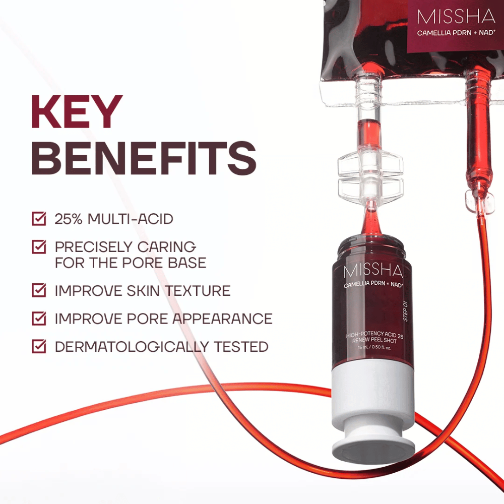 3. MISSHA Camellia PDRN NAD+ High-Potency Acid 25 Renew Peel Shot – piling nega za obraz za bolj enakomerno teksturo kože in manj vidne pore