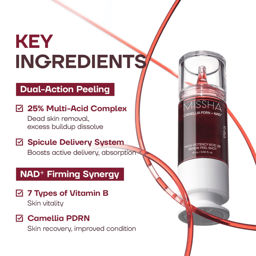 2. MISSHA Camellia PDRN NAD+ High-Potency Acid 25 Renew Peel Shot – piling s 25-% kislinskim kompleksom, PDRN in NAD+