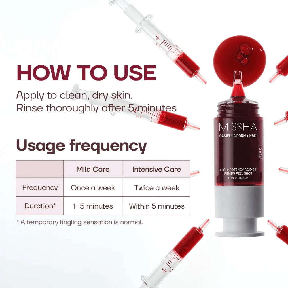 1. MISSHA Camellia PDRN NAD+ High-Potency Acid 25 Renew Peel Shot – navodila za uporabo in priporočena pogostost pilinga