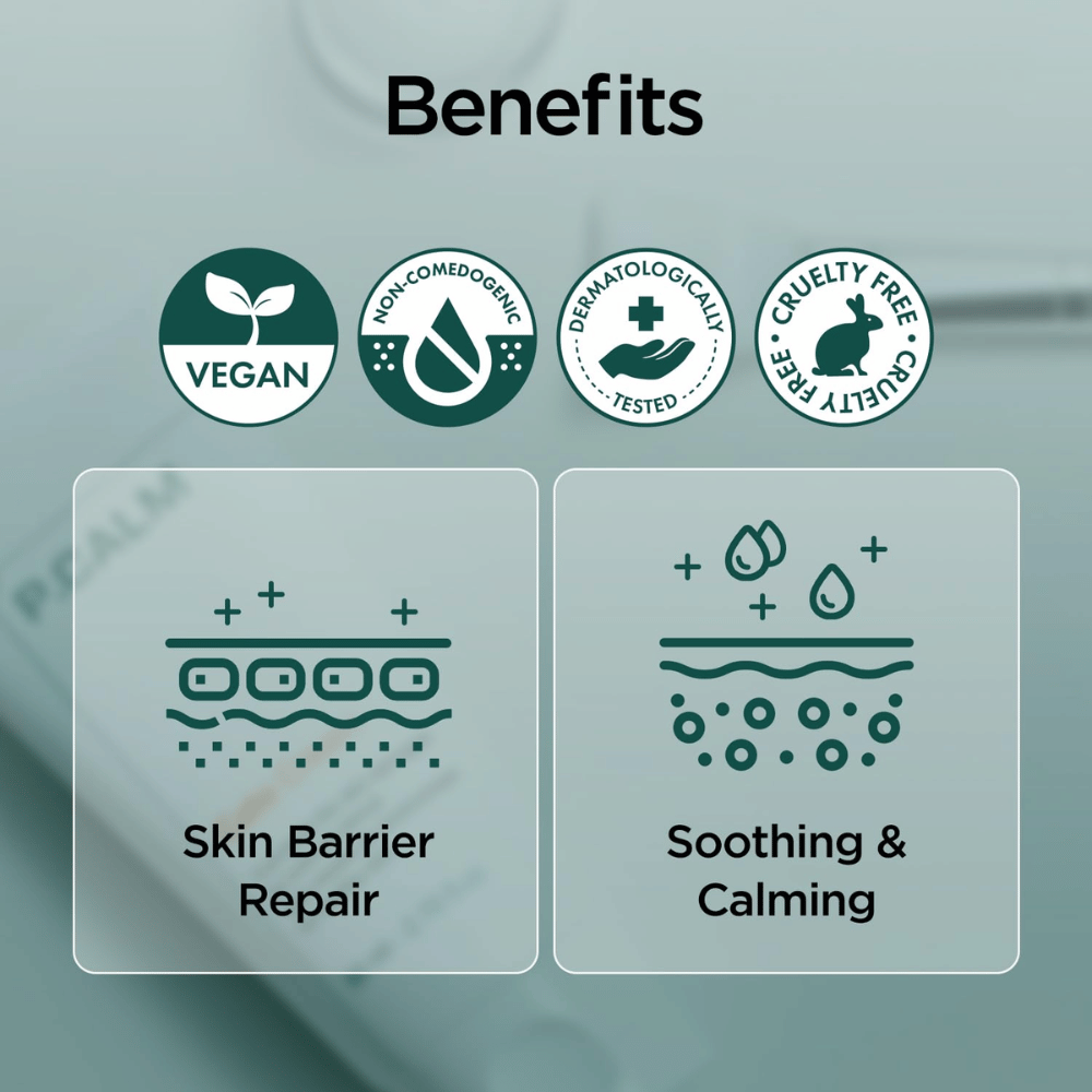 Grafični pregledni prikaz, ki izpostavlja prednosti izdelka, kot so veganska formula, non-comedogenic, dermatološko testirano in cruelty-free. Poudarek je na obnovi kožne bariere ter pomirjujočem učinku za občutljivo kožo.