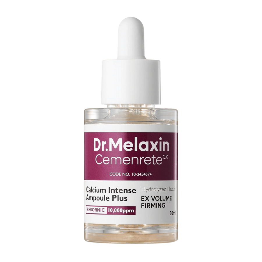 Slika izdelka Dr. Melaxin Cemenrete Calcium Intense Ampoule Plus v steklenički s pipeto, korejska anti-aging ampula, ki krepi strukturo in elastičnost kože.