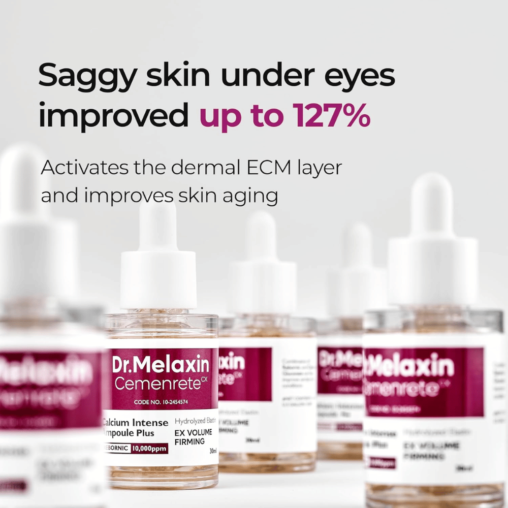 Dr. Melaxin Cemenrete Calcium Intense Ampoule Plus prikazuje s poudarkom na izboljšanju povešene kože pod očmi, ki aktivira kožni ECM sloj in podpira anti-aging.