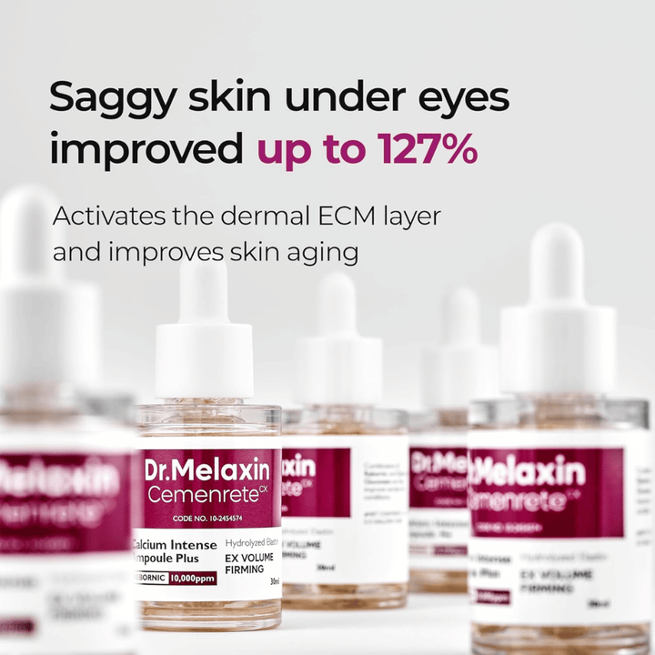 Dr. Melaxin Cemenrete Calcium Intense Ampoule Plus prikazuje s poudarkom na izboljšanju povešene kože pod očmi, ki aktivira kožni ECM sloj in podpira anti-aging.