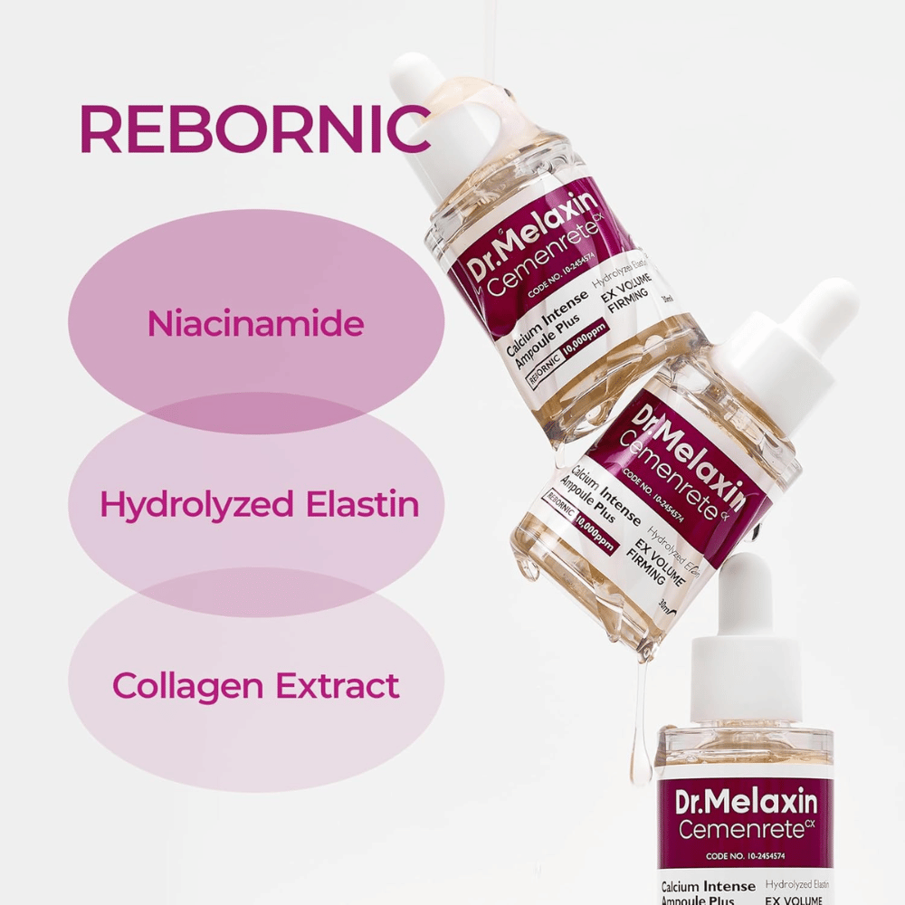 Dr. Melaxin Cemenrete Calcium Intense Ampoule Plus z niacinamidom, hidroliziranim elastinom in kolagenskim ekstraktom, razvita za čvrstejšo kožo in izboljšano elastičnost.