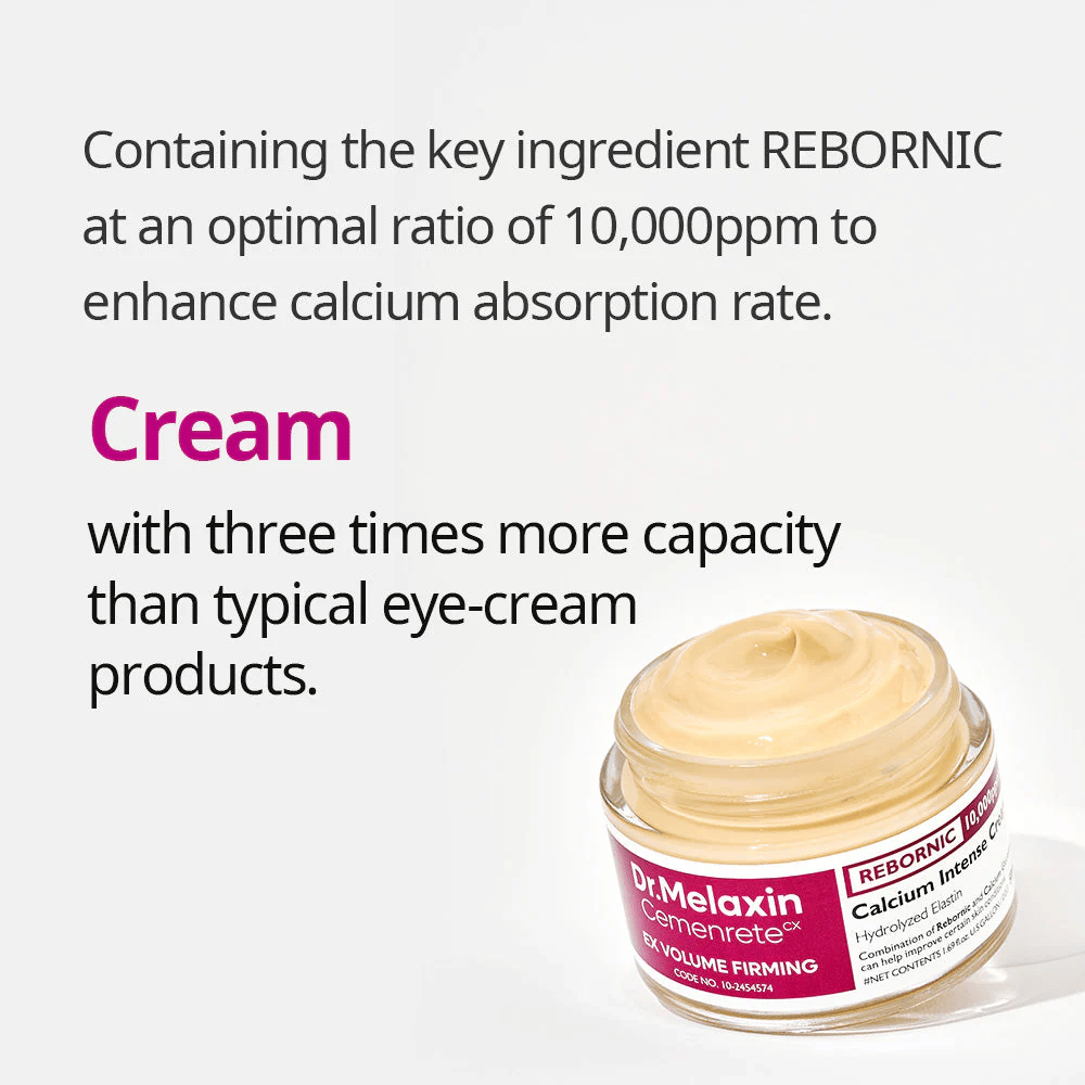 Dr.Melaxin Cemenrete Calcium Intense Cream z infografiko o Rebornic 10 000 ppm, krema za obraz, ki izboljšuje absorpcijo kalcija in elastičnost kože.