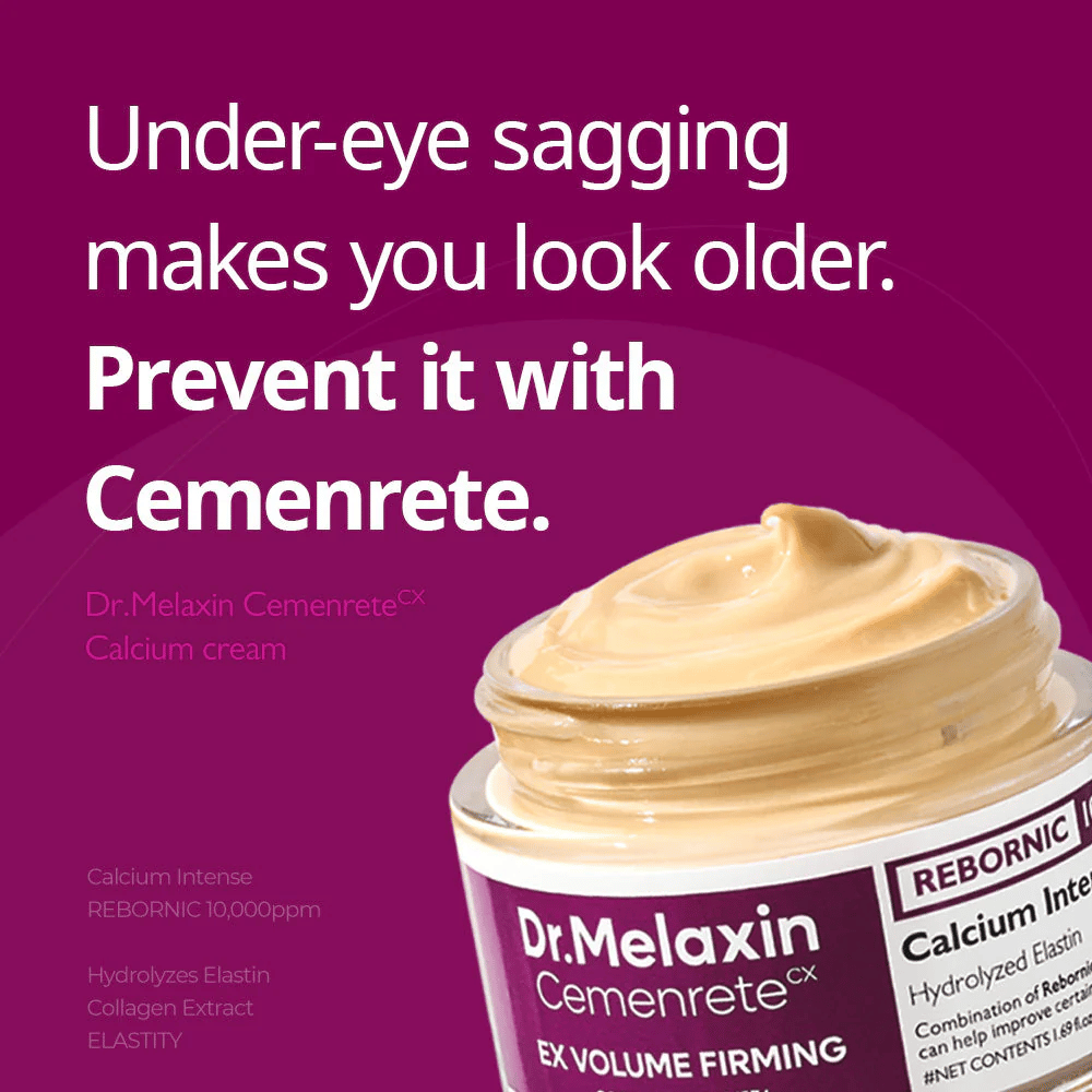 Dr.Melaxin Cemenrete Calcium Intense Cream z besedilnim sporočilom o učvrstitvi pod očmi, ponazarja osredotočenost kreme na čvrstost, volumen in preprečevanje ohlapne kože.