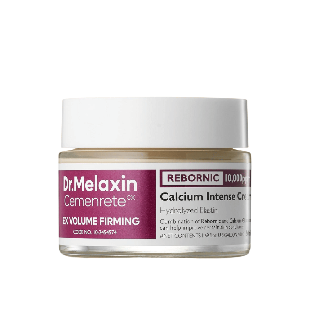 Dr.Melaxin Cemenrete Calcium Intense Cream v lončku na beli podlagi, krema za obraz s kalcijem, Rebornic in hidroliziranim elastinom za bolj čvrsto in polno kožo.