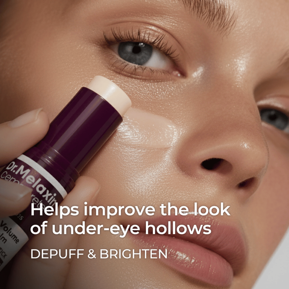 Dr. Melaxin Calcium Volume Multi Balm se uporablja pod očmi za zmanjšanje otekline, posvetlitev in izboljšanje vidnih vdolbin.