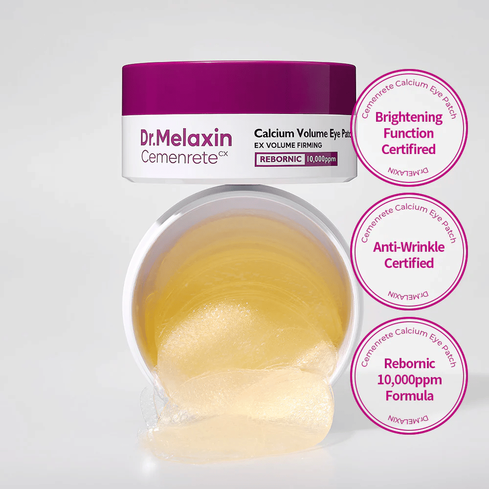 Odprta posoda s hidrogelnimi obliži za oči od Dr. Melaxin Cemenrete Calcium Volume Eye Patch z Rebornic 10 000 ppm, certificirana za učinek proti gubam in posvetlitev.