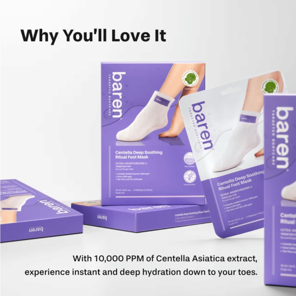 7. Baren Centella Deep Soothing Ritual Foot Mask – vlažilne maske za stopala s centello asiatico za suhe in hrapave pete