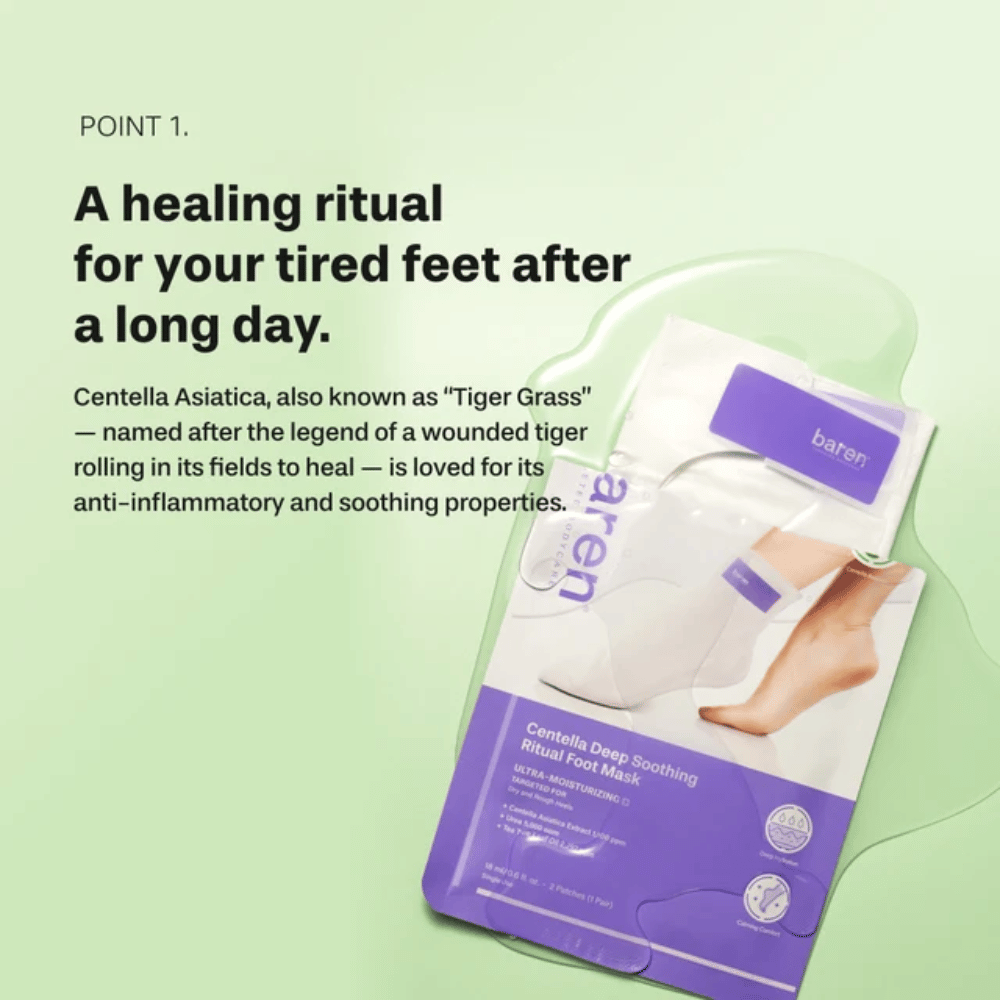 5. Baren Centella Deep Soothing Ritual Foot Mask – pomirjujoča nega stopal s centello asiatico za utrujena, suha in hrapava stopala