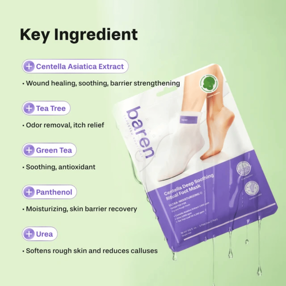 3. Baren Centella Deep Soothing Ritual Foot Mask – pomembne sestavine, kot so centella asiatica, tea tree, zeleni čaj, pantenol in sečnina