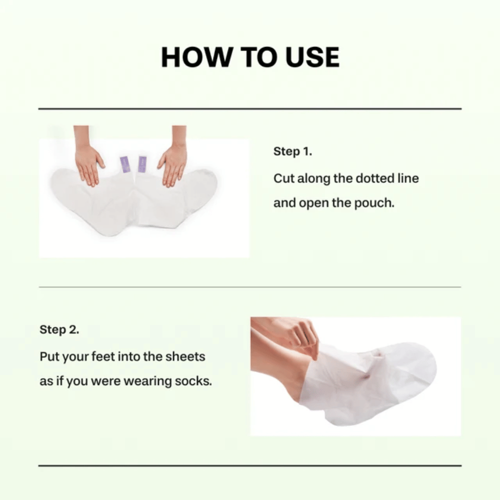 2. Baren Centella Deep Soothing Ritual Foot Mask – koraka 1 in 2, ki prikazujeta, kako se embalaža odpre in maske za stopala nadenejo kot nogavice