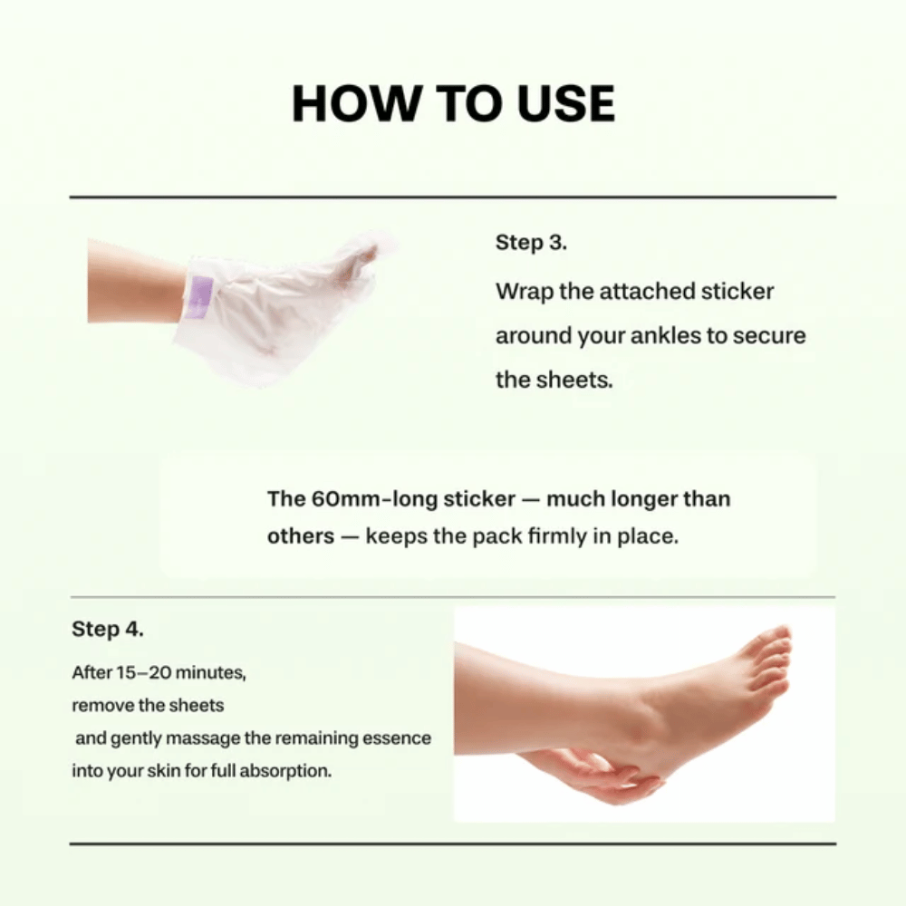 1. Baren Centella Deep Soothing Ritual Foot Mask – koraka 3 in 4, ki prikazujeta, kako se maska za stopala pritrdi okoli gležnja in odstrani po 15–20 minutah