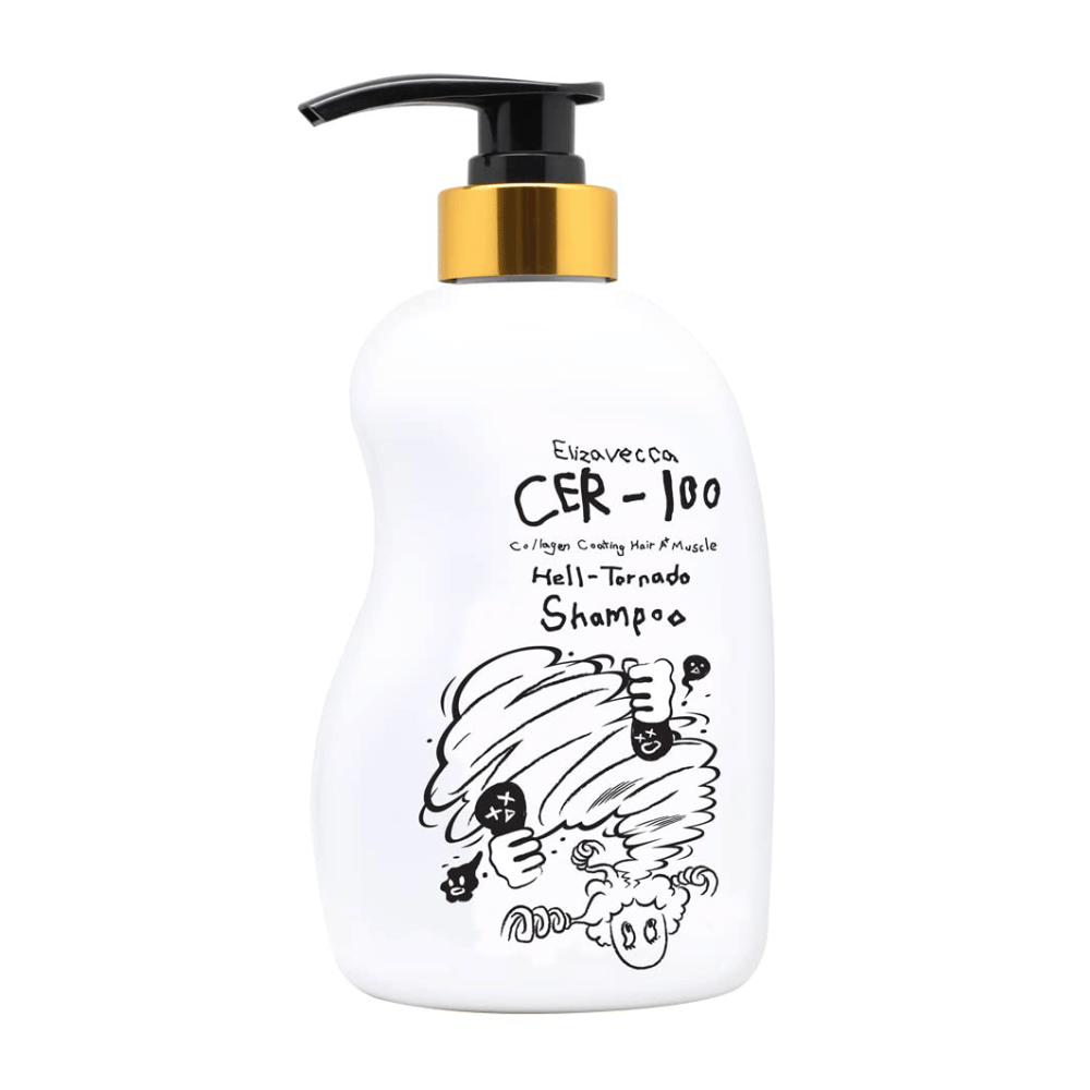 Slika izdelka Elizavecca CER-100 Collagen Coating Hair A+ Muscle Helltornado Shampoo na belem ozadju. Embalaža je jasno prikazana s stekleničko na pumpico in značilno ilustracijo, ki prepoznavno zaznamuje serijo.