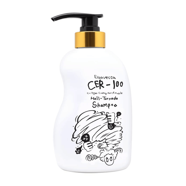 Slika izdelka Elizavecca CER-100 Collagen Coating Hair A+ Muscle Helltornado Shampoo na belem ozadju. Embalaža je jasno prikazana s stekleničko na pumpico in značilno ilustracijo, ki prepoznavno zaznamuje serijo.