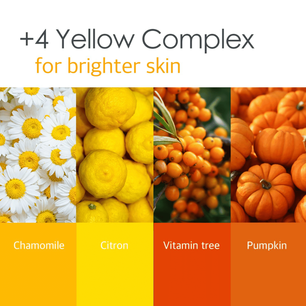 Informativna slika o »4 Yellow Complex« s sestavinami, kot so kamilica, limona, vitamin tree in buča. Poudarek je na bolj enakomernem tenu kože in lastnostih, ki dajejo sijaj.