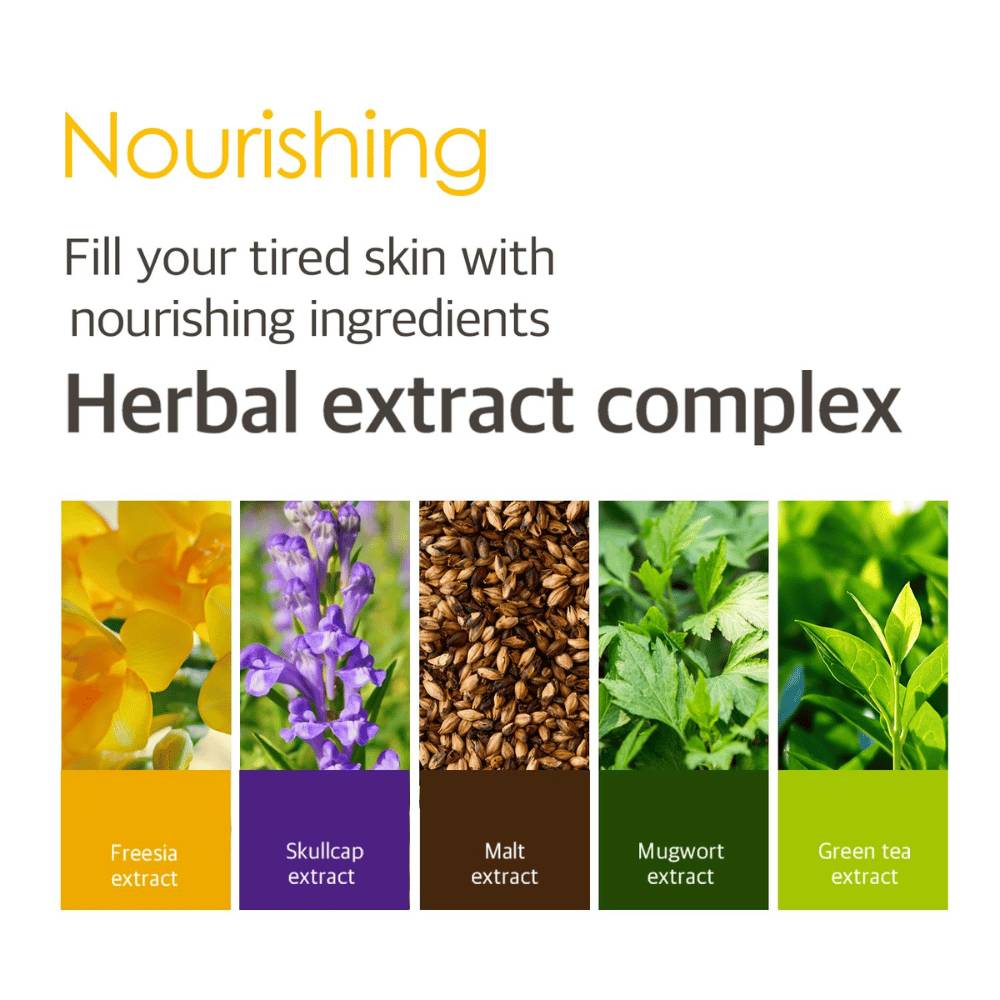 Informativna slika o Herbal Extract Complex z rastlinskimi izvlečki med drugim iz frezije, navadne čeladnice, slada, pelina in zelenega čaja, ki pomagajo nahraniti in negovati utrujeno kožo.